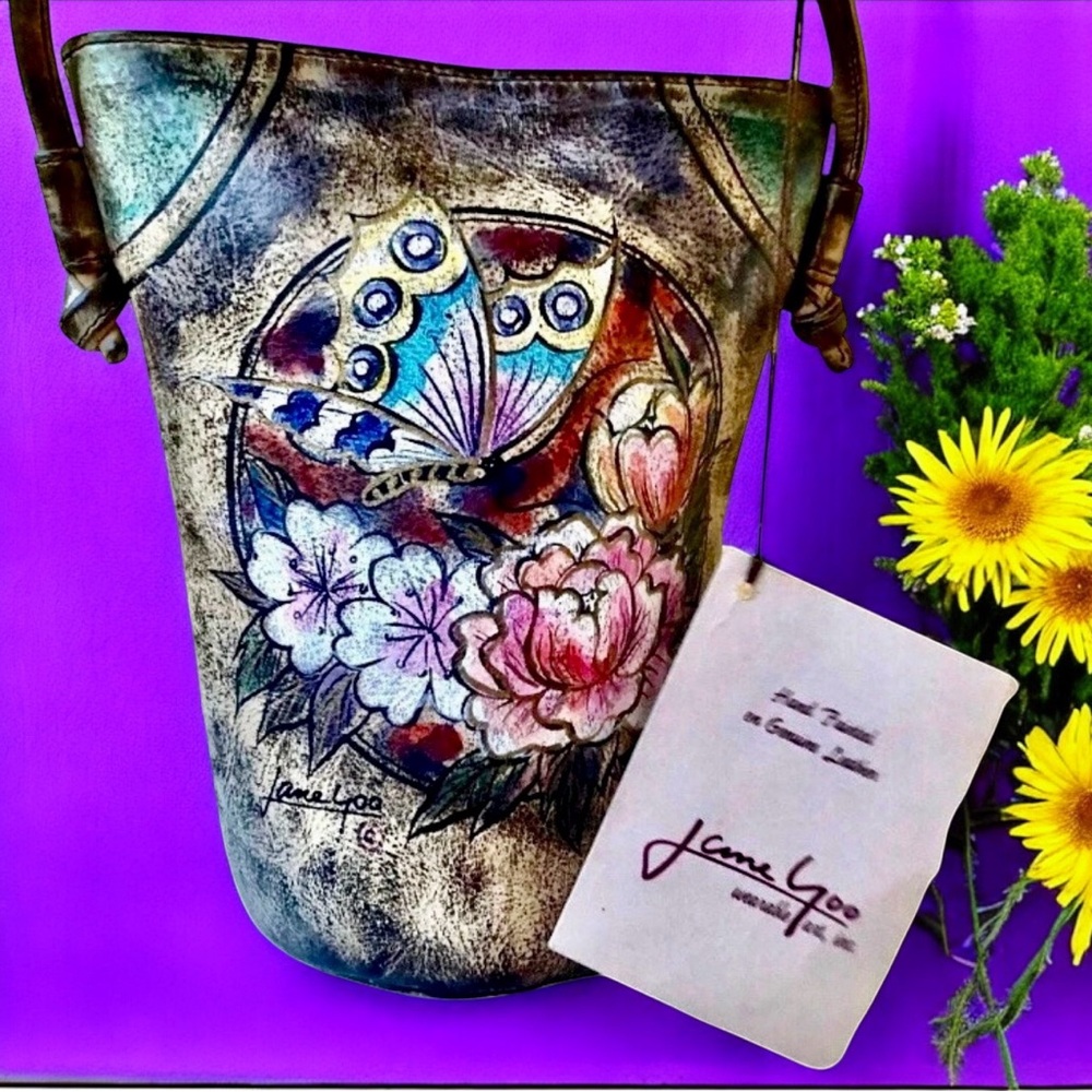 JANE YOO Vintage 80s Hand Painted Leather Crossbody Bag Butterfly Signed New